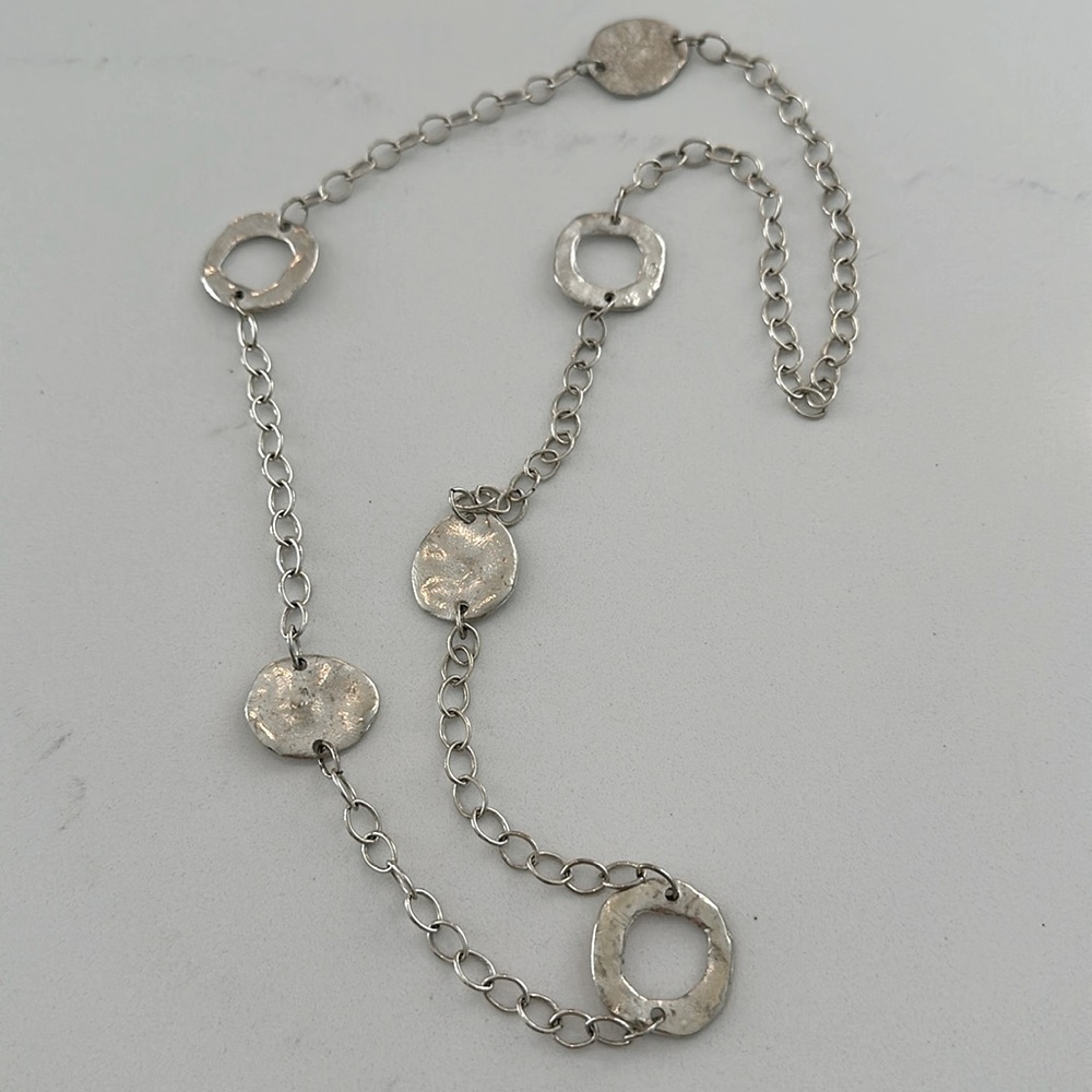 Susan Shaw necklace with circles 32” long, silver plated a few marks as shown.